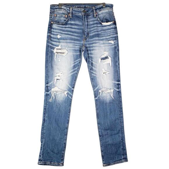 American Eagle AE Jeans Men’s Size 31x32 Flex Denim Slim 5-Pocket Distressed - Picture 2 of 11